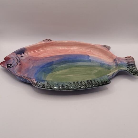 Studio Art Pottery Fish Shaped Dish Rainbow Glaze - Picture 5 of 15